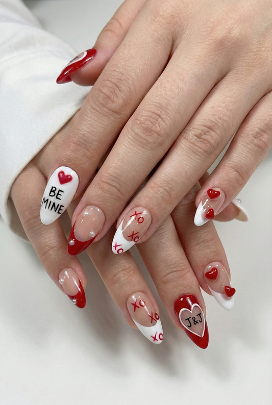 Red White French Nails, Be Mine Art, Custom Initial, 3D Heart Charm, Pearl Accent, Almond Shape, Cute Valentine Gift, Romantic Press On - PN251269