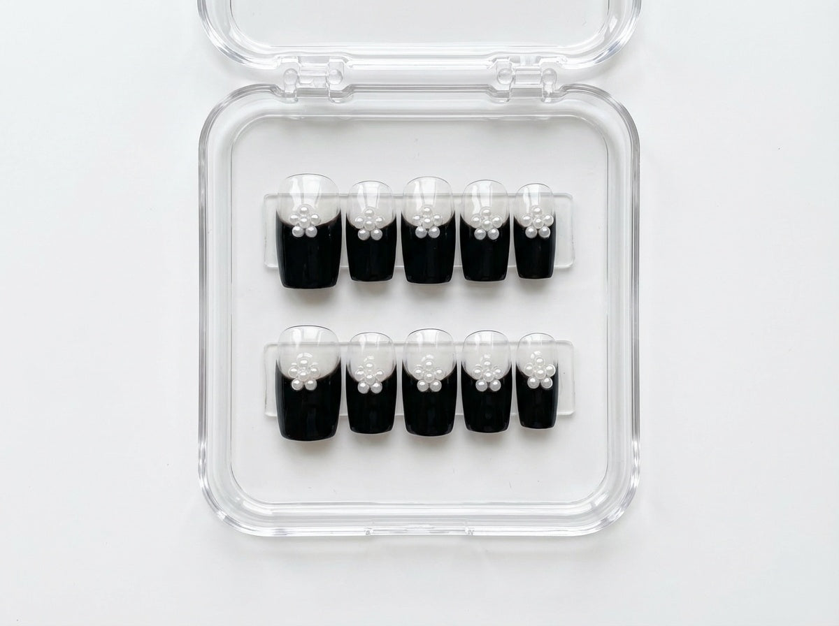 Black French Tip Pearl Flower Press On Nails - 3D Floral Charm - Classy Valentine's Day Date Night - PN251245