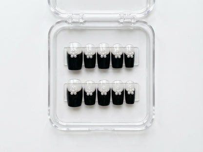 Black French Tip Pearl Flower Press On Nails - 3D Floral Charm - Classy Valentine's Day Date Night - PN251245