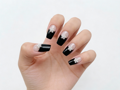 Black French Tip Pearl Flower Press On Nails - 3D Floral Charm - Classy Valentine's Day Date Night - PN251245