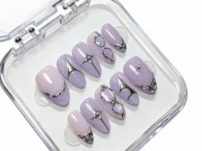 Lavender Purple Silver Chrome Press On Nails - 3D Liquid Metal  - Cyber Y2K Futuristic Art - Cool Valentine's Gift - PN251246