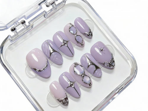 Lavender Purple Silver Chrome Press On Nails - 3D Liquid Metal  - Cyber Y2K Futuristic Art - Cool Valentine's Gift - PN251246