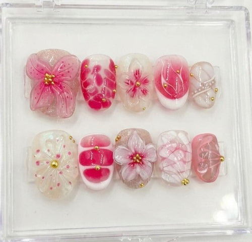 Pink 3D Hibiscus Flower Press On Nails - Sakura Cherry Blossom Art - Gold Caviar Stud - Japanese Gyaru Spring - Custom Size Set - PN251248