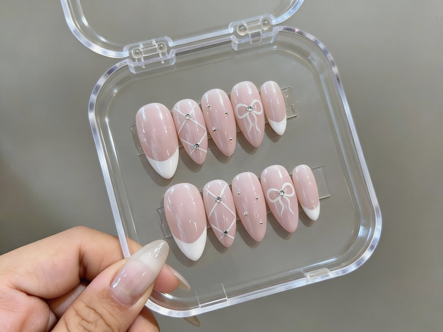 Pink Coquette Bow Press On Nails – White French Tip Ribbon - Diamond Quilted Art - Soft Valentine's Day Gel  -