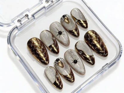 Gold Snake Skin Press On Nails - 3D Dragon Scale Texture - Silver Cat Eye Glitter - Edgy Anti-Valentine's Gel - Custom Size Set - PN251250