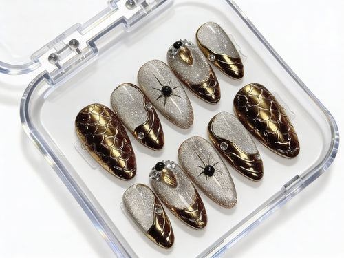 Gold Snake Skin Press On Nails - 3D Dragon Scale Texture - Silver Cat Eye Glitter - Edgy Anti-Valentine's Gel - Custom Size Set - PN251250