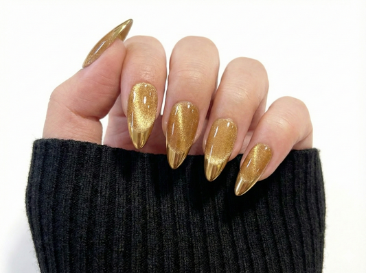 Gold Cat Eye Velvet Press On Nails - Metallic Chrome French Tip - Champagne Shimmer - Glamorous Valentine's Gel - Custom Size Set - PN251255