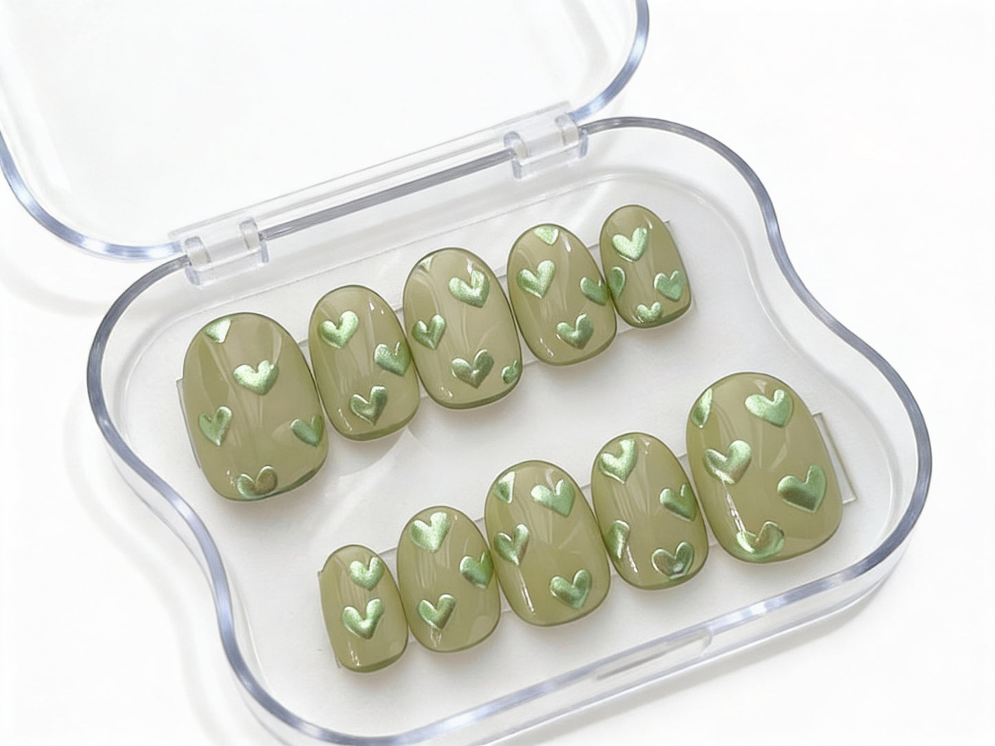 Sage Green Heart Press On Nails - 3D Metallic Chrome Pattern - Matcha Latte Art - Cute Valentine's Day Gel - Custom Size Set - PN251256