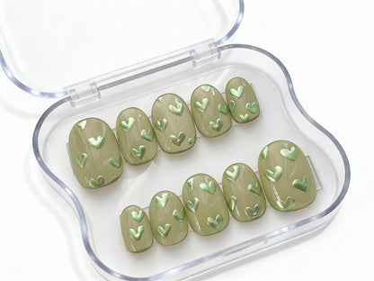 Sage Green Heart Press On Nails - 3D Metallic Chrome Pattern - Matcha Latte Art - Cute Valentine's Day Gel - Custom Size Set - PN251256
