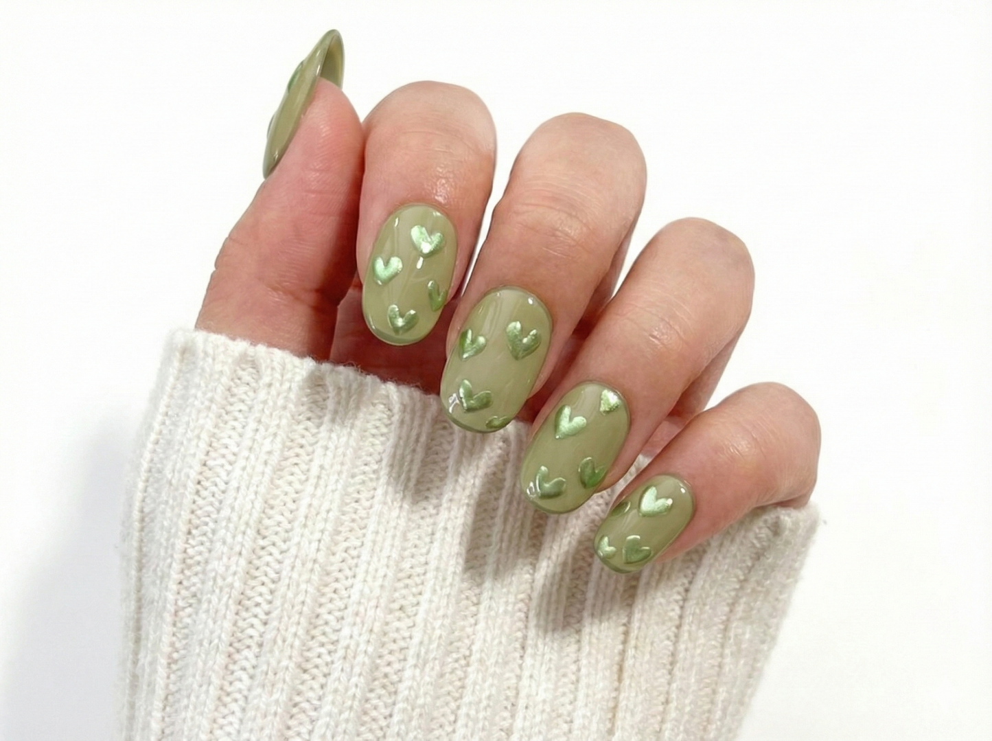 Sage Green Heart Press On Nails - 3D Metallic Chrome Pattern - Matcha Latte Art - Cute Valentine's Day Gel - Custom Size Set - PN251256