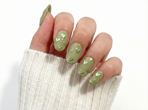 Sage Green Heart Press On Nails - 3D Metallic Chrome Pattern - Matcha Latte Art - Cute Valentine's Day Gel - Custom Size Set - PN251256