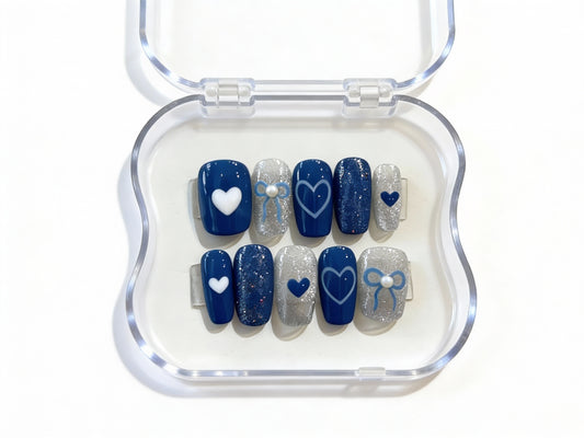 Navy Blue Silver Glitter Press On Nails, 3D White Heart Charm, Ribbon Bow Pearl, Cute Valentine's Day Gel - PN251257