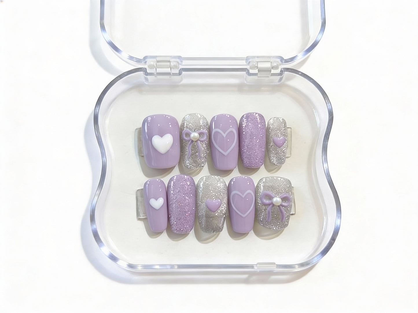 Lilac Purple Nails, Silver Glitter, 3D Heart Charm, Ribbon Bow Pearl, Short Square, Soft Girl Aesthetic, Cute Valentine Gift, Custom Size - PN251265