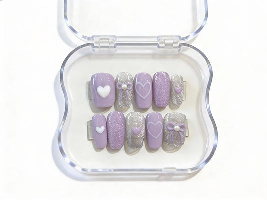Lilac Purple Nails, Silver Glitter, 3D Heart Charm, Ribbon Bow Pearl, Short Square, Soft Girl Aesthetic, Cute Valentine Gift, Custom Size - PN251265