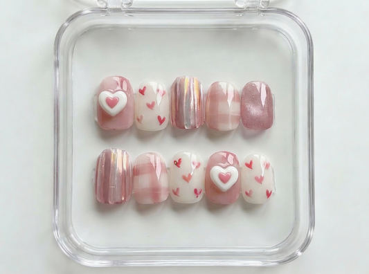 Pink Plaid Nails, 3D Heart Charm, Aurora Chrome, Gingham Art, Short Square, Soft Girl Aesthetic, Cute Valentine, Korean Style, Custom  - PN251266