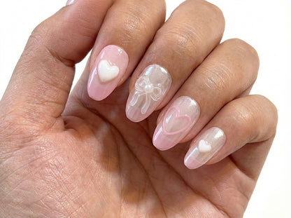 Pink Pearl Chrome Nails, 3D Bow Charm, Heart Nail Art, Coquette Aesthetic, Balletcore, Short Coffin, Cute Valentine Gift, Soft Girl Press On - PN251274