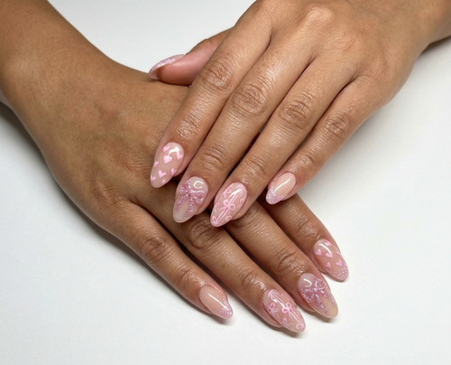 Pink Glitter Bow Nails, Coquette Ribbon Art, Heart Print, Nude Almond Shape, Sparkle French Tip, Balletcore Aesthetic, Cute Valentine - PN251275
