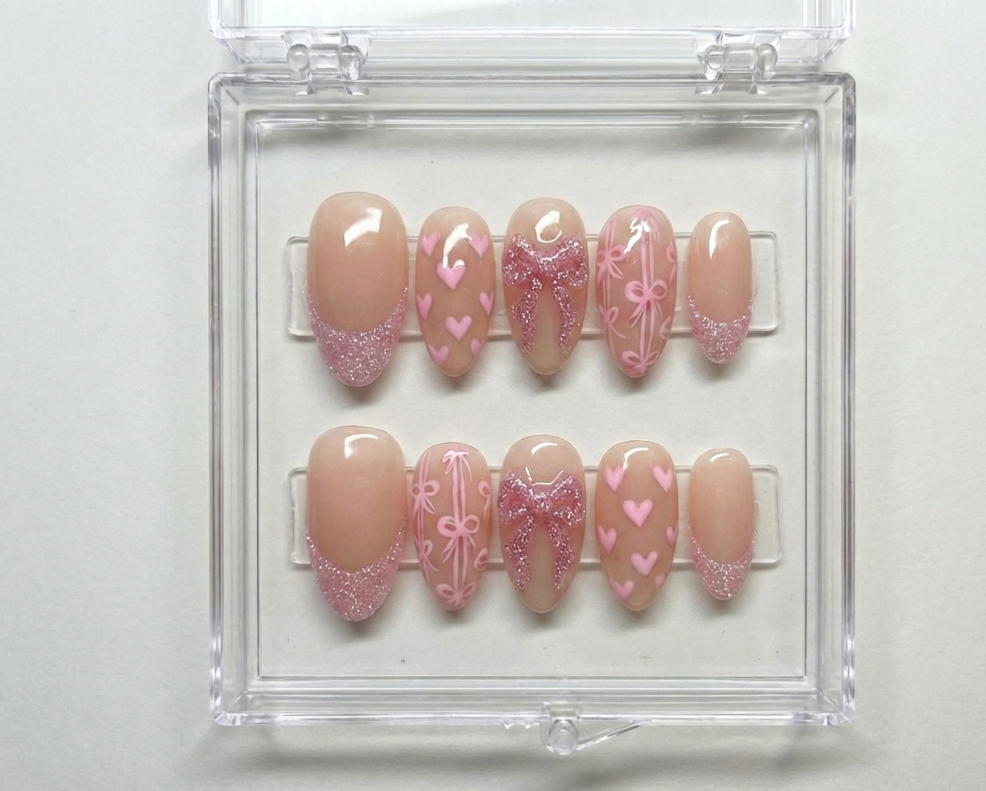 Pink Glitter Bow Nails, Coquette Ribbon Art, Heart Print, Nude Almond Shape, Sparkle French Tip, Balletcore Aesthetic, Cute Valentine - PN251275