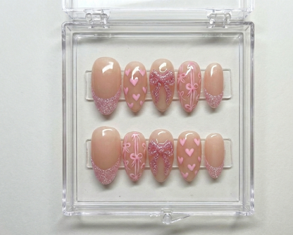 Pink Glitter Bow Nails, Coquette Ribbon Art, Heart Print, Nude Almond Shape, Sparkle French Tip, Balletcore Aesthetic, Cute Valentine - PN251275