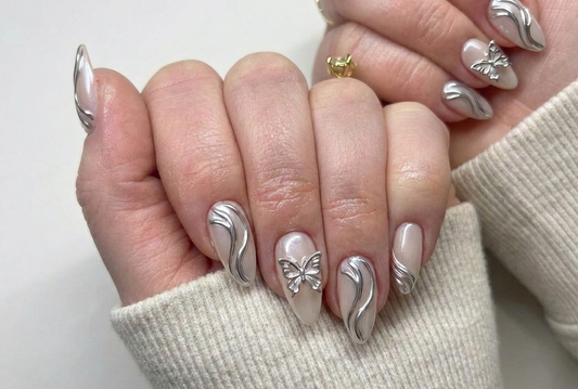 White Pearl Chrome Nails, Silver Metallic Swirls, 3D Butterfly Charm, Y2K Cyber Aesthetic, Almond Shape, Fairycore, Custom Size - PN251276