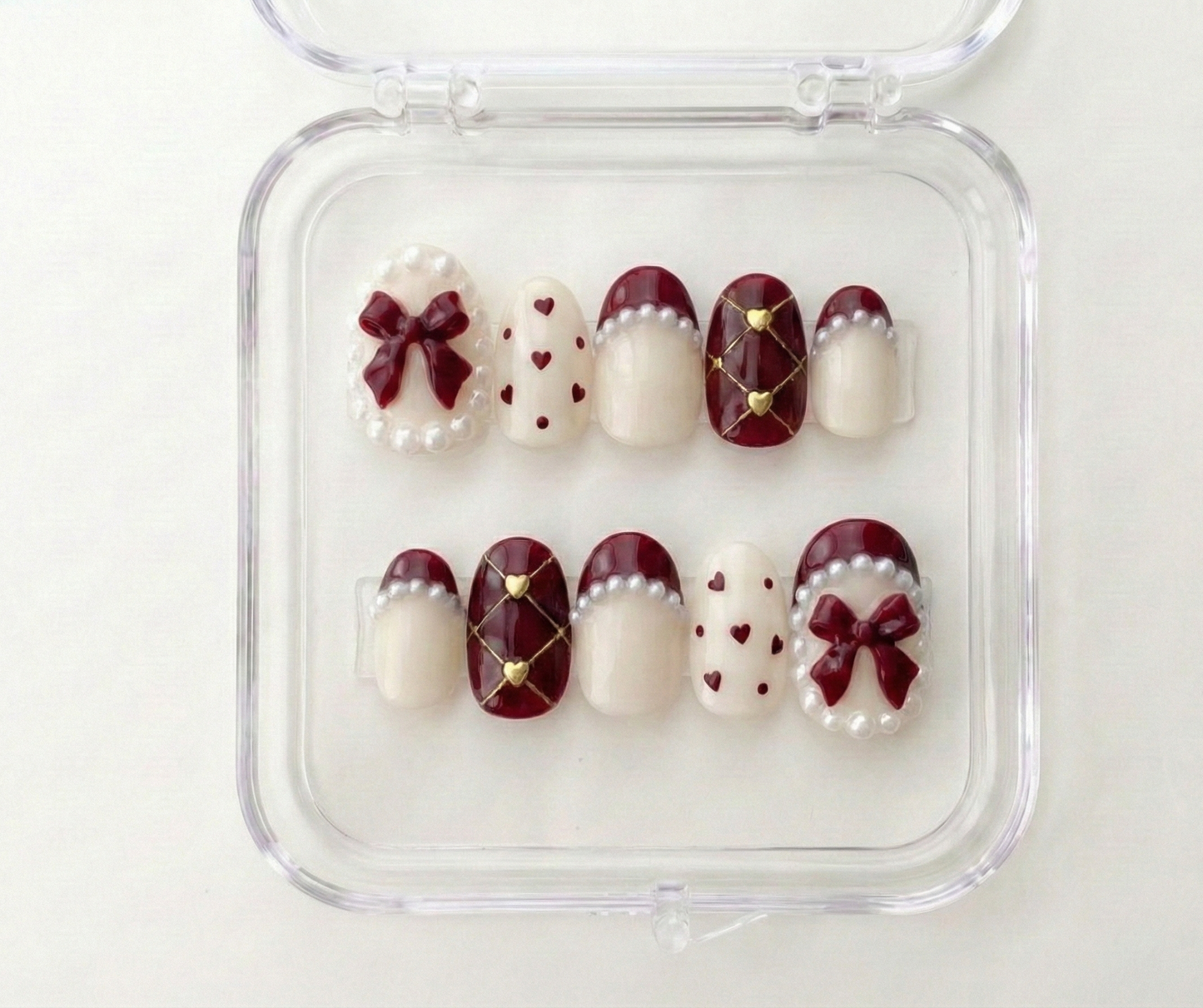 Burgundy Red Nails, Pearl Bow Charm, Quilted Heart Art, Vintage Coquette, Short Round, Old Money Aesthetic, Luxury Press On, Valentine Gift - PN251277