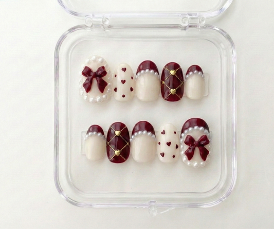 Burgundy Red Nails, Pearl Bow Charm, Quilted Heart Art, Vintage Coquette, Short Round, Old Money Aesthetic, Luxury Press On, Valentine Gift - PN251277