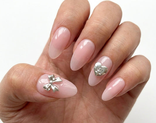 Blush Pink Jelly Nails, Silver Chrome Bow Charms, Coquette Nails, Almond Press Ons, Heart Initial Nails, Reuseable Custom Size - PN251278