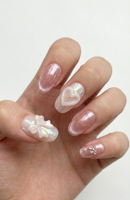 Pink Cat Eye Press on Nails, Coquette Bow Nails, Aurora Heart Press ons, 3D Bow Glue on Nails, Velvet Pink Nails, Romantic Aesthetic Nails - PN251280