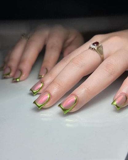 Pink Aurora Green Chrome French Tip Press On Nails - Iridescent Mermaid Pearl - Cyber Y2K Futuristic - Custom Size Set - PN251222