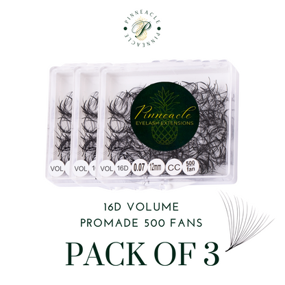 Pack of 3 - 16D Volume - 500 Fans Promade Volume Fans For Professional Eyelash Extension - Pinneacle Lash
