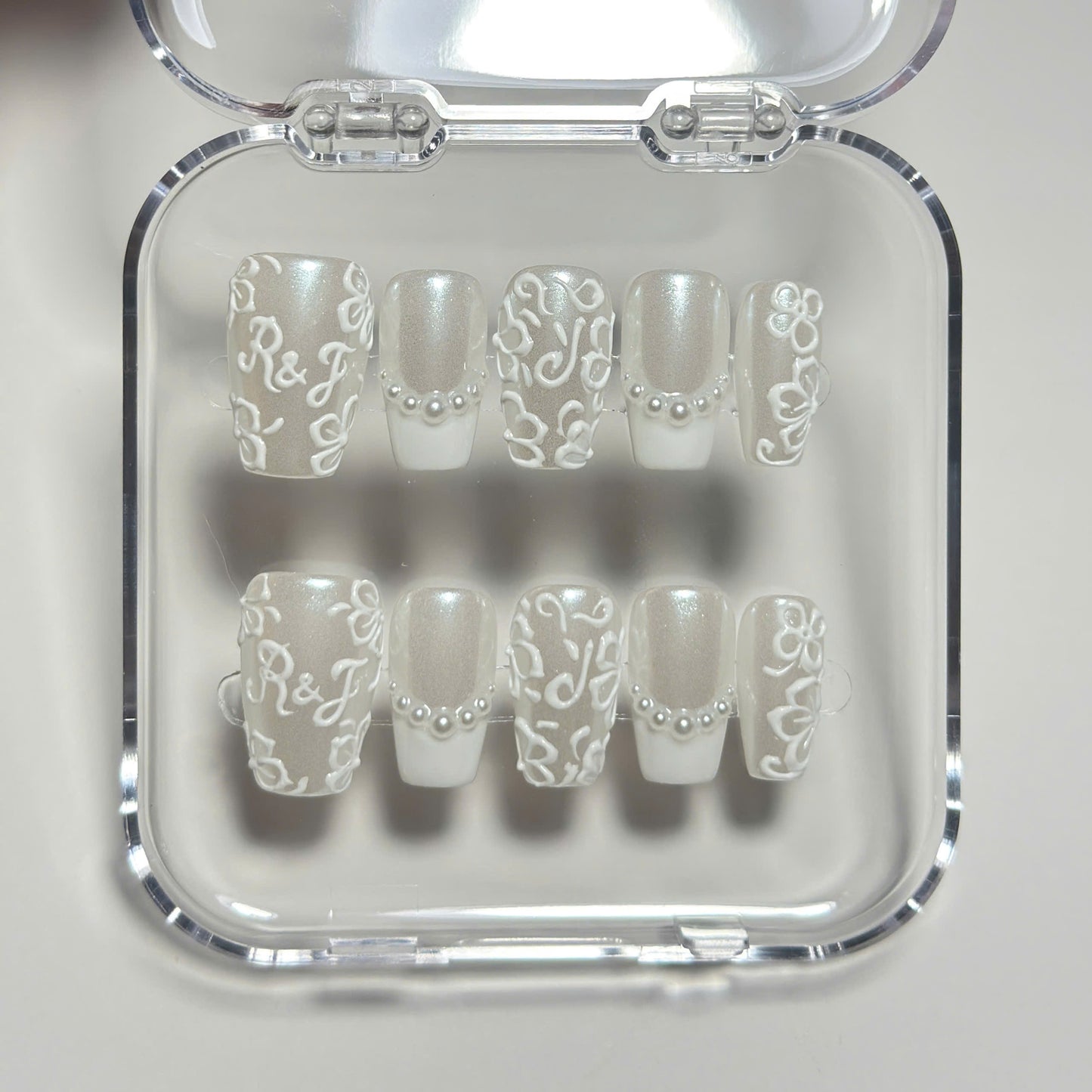 Rich Wife Nails Wedding Date Press on Nails, Monogram Bridal Shower Nails, Pearl Glazed White Lace 3D Floral Luxury Reusable Handmade Set - BR260502