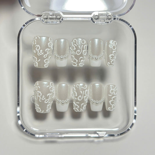 Rich Wife Nails Wedding Date Press on Nails, Monogram Bridal Shower Nails, Pearl Glazed White Lace 3D Floral Luxury Reusable Handmade Set - BR260502