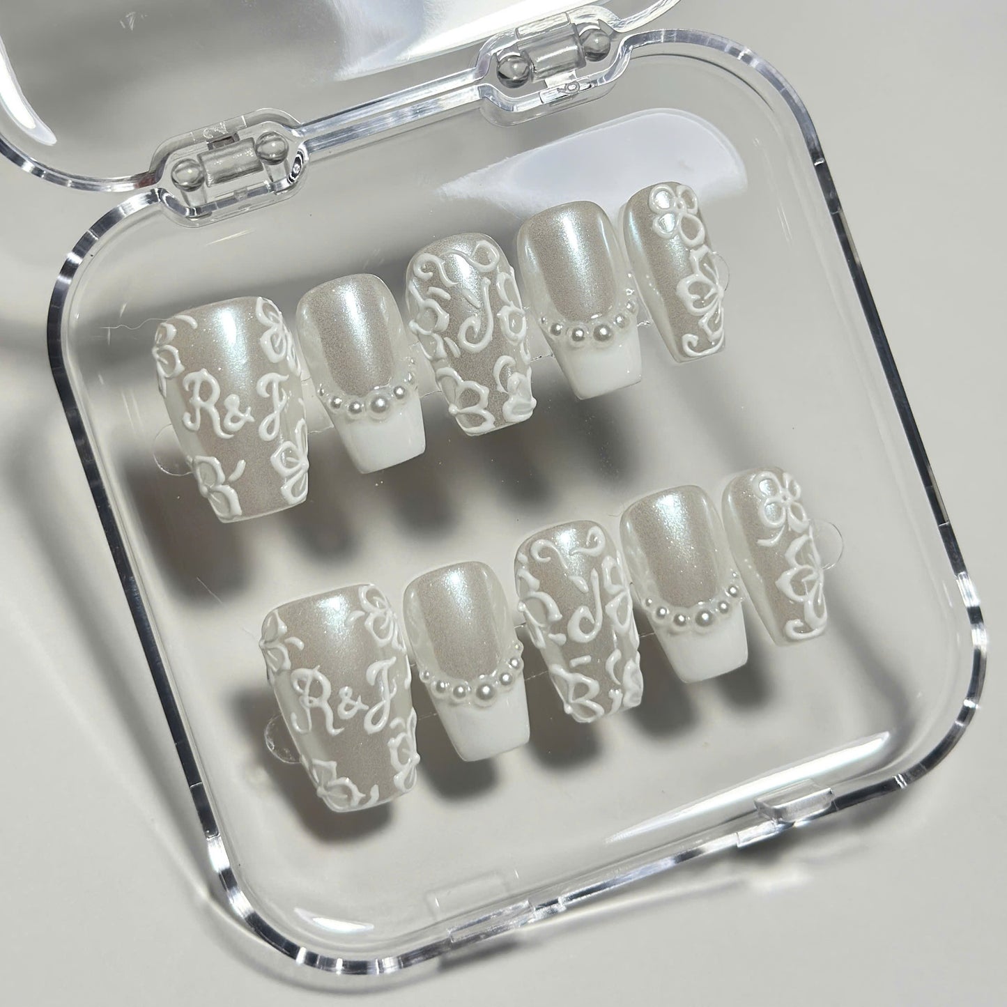 Rich Wife Nails Wedding Date Press on Nails, Monogram Bridal Shower Nails, Pearl Glazed White Lace 3D Floral Luxury Reusable Handmade Set - BR260502