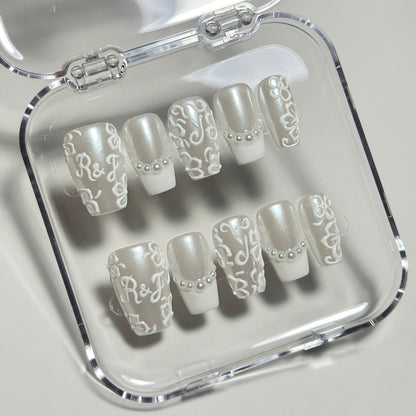 Rich Wife Nails Wedding Date Press on Nails, Monogram Bridal Shower Nails, Pearl Glazed White Lace 3D Floral Luxury Reusable Handmade Set - BR260502