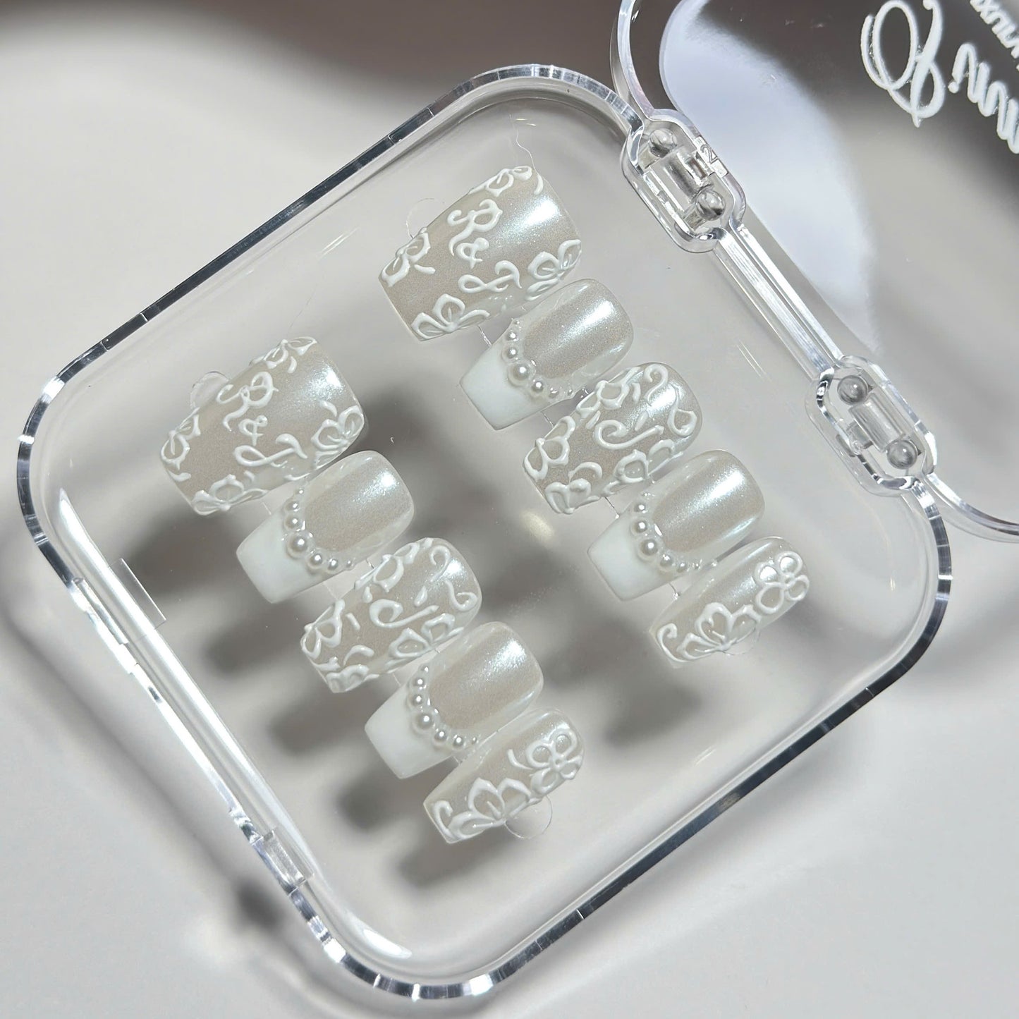 Rich Wife Nails Wedding Date Press on Nails, Monogram Bridal Shower Nails, Pearl Glazed White Lace 3D Floral Luxury Reusable Handmade Set - BR260502