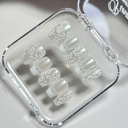 Rich Wife Nails Wedding Date Press on Nails, Monogram Bridal Shower Nails, Pearl Glazed White Lace 3D Floral Luxury Reusable Handmade Set - BR260502