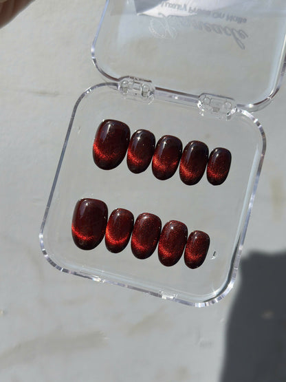 Burgundy Red Cat Eye Press on Nails, Dark Wine Velvet Nails, Luxury Old Money Reusable Nails, Rich Wife Aesthetic Glue on Nails, Custom Size - NM233026