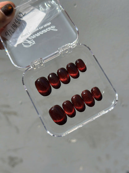 Burgundy Red Cat Eye Press on Nails, Dark Wine Velvet Nails, Luxury Old Money Reusable Nails, Rich Wife Aesthetic Glue on Nails, Custom Size - NM233026