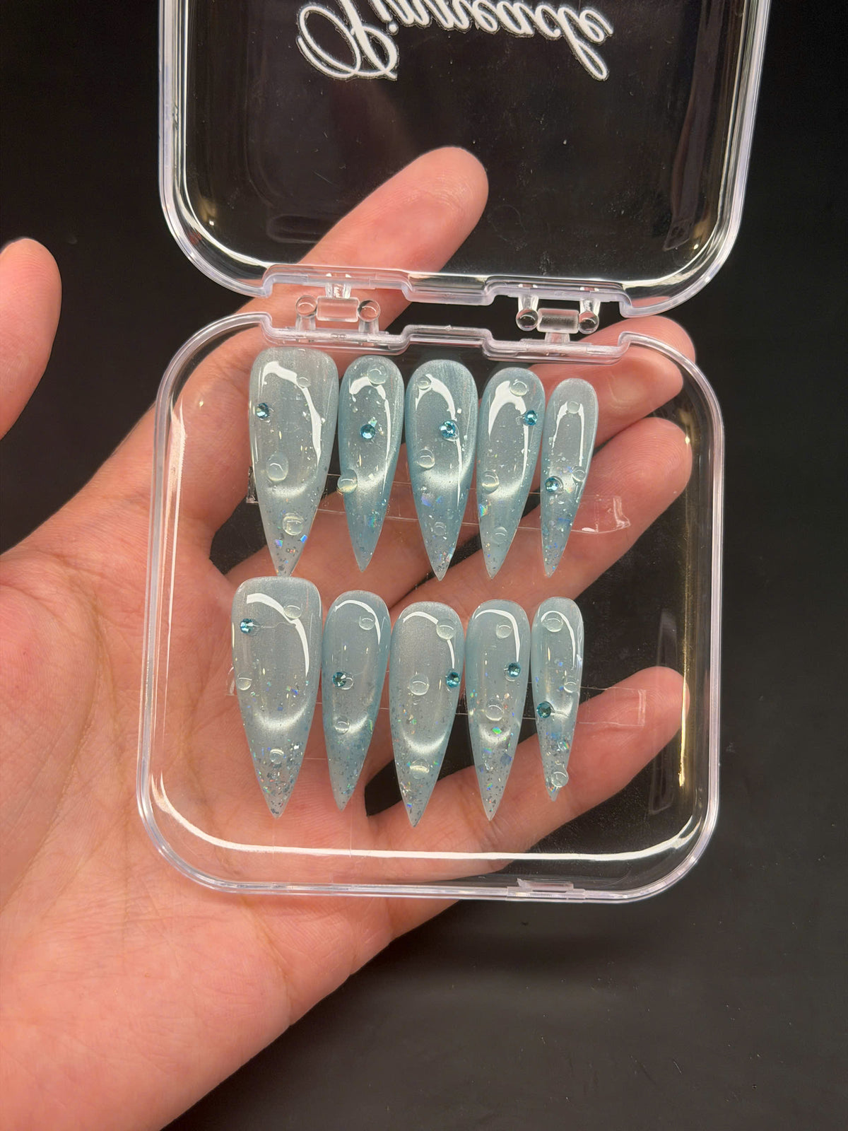 Icy Blue Cat Eye Press On Nails, Holographic Glitter Press On, 3D Water Nails, Mermaidcore Manicure, Silver Sparkle Mermaid, Gift For Her - PN251324