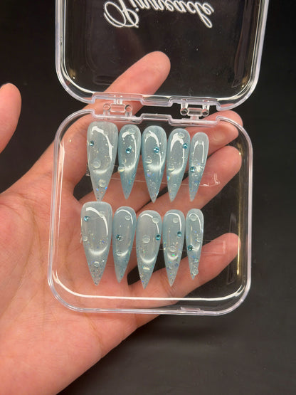 Icy Blue Cat Eye Press On Nails, Holographic Glitter Press On, 3D Water Nails, Mermaidcore Manicure, Silver Sparkle Mermaid, Gift For Her - PN251324