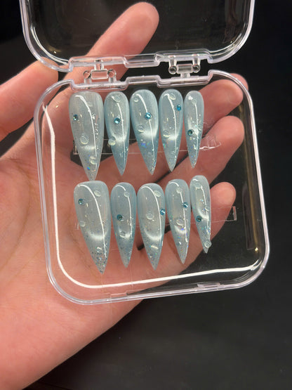 Icy Blue Cat Eye Press On Nails, Holographic Glitter Press On, 3D Water Nails, Mermaidcore Manicure, Silver Sparkle Mermaid, Gift For Her - PN251324