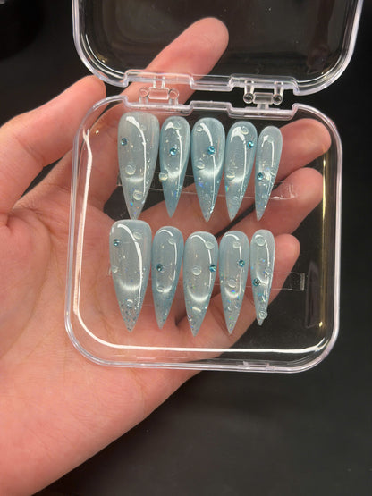 Icy Blue Cat Eye Press On Nails, Holographic Glitter Press On, 3D Water Nails, Mermaidcore Manicure, Silver Sparkle Mermaid, Gift For Her - PN251324