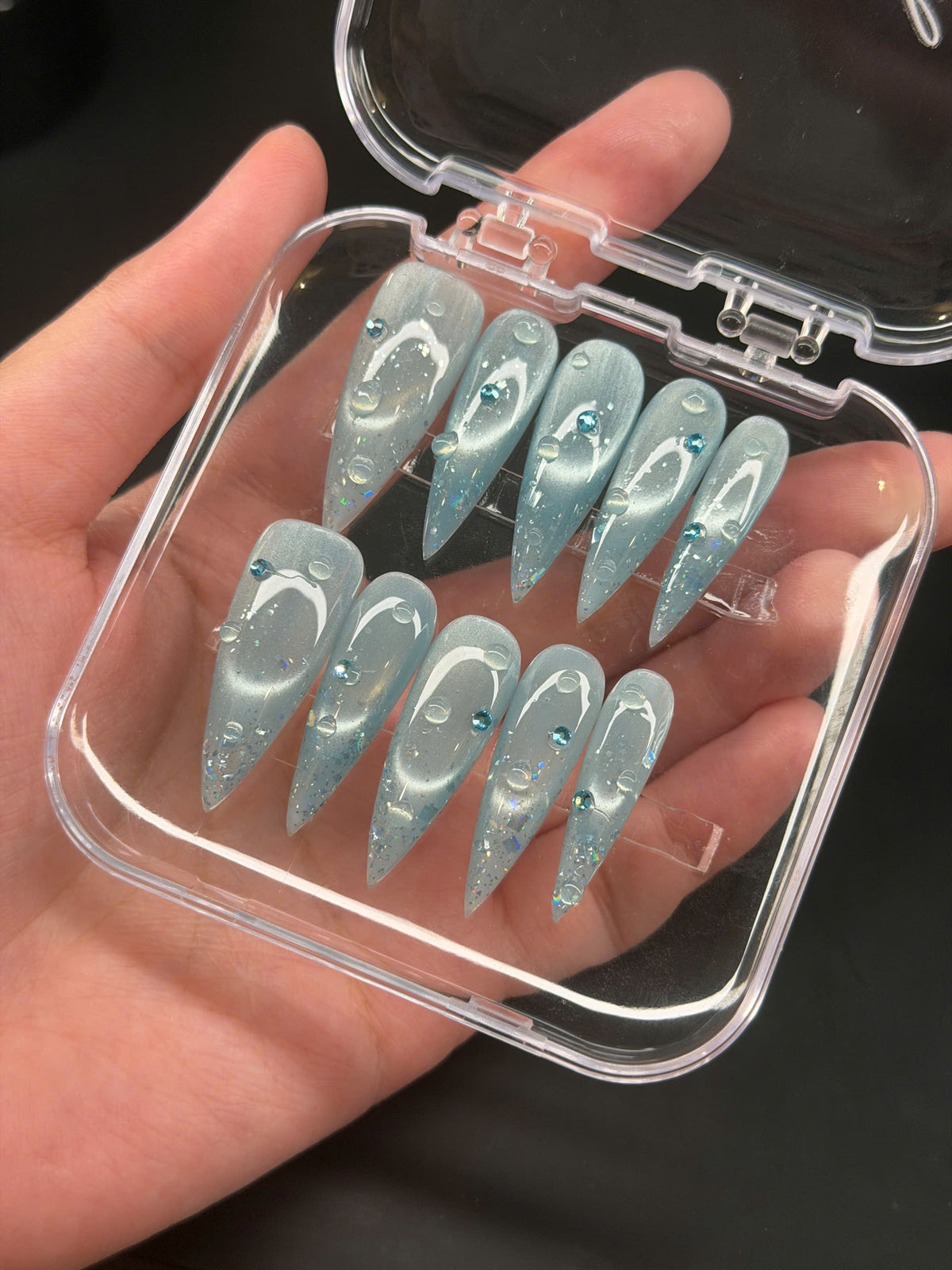 Icy Blue Cat Eye Press On Nails, Holographic Glitter Press On, 3D Water Nails, Mermaidcore Manicure, Silver Sparkle Mermaid, Gift For Her - PN251324