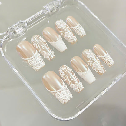 Rich Wife Nail, Custom Monogram Bridal Press on Nails, 3D Floral Lace Wedding Nails, Pearl White Glazed French Luxury Reusable Nails - BR260501
