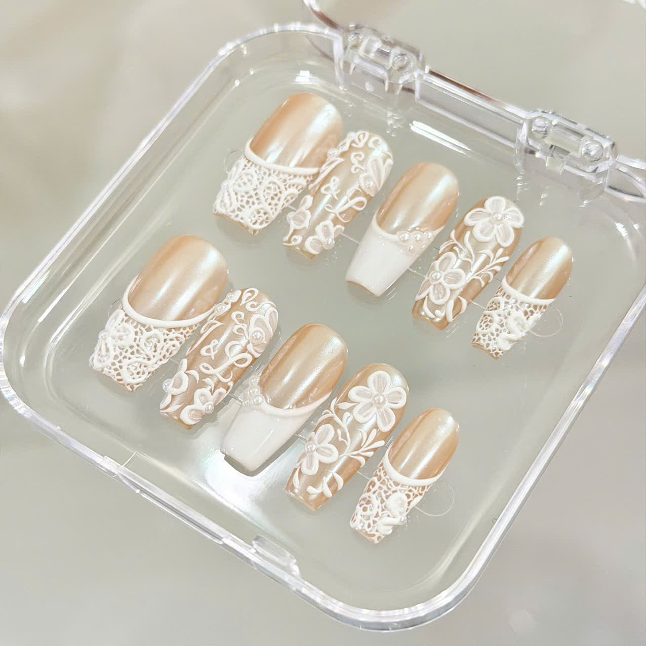 Rich Wife Nail, Custom Monogram Bridal Press on Nails, 3D Floral Lace Wedding Nails, Pearl White Glazed French Luxury Reusable Nails - BR260501
