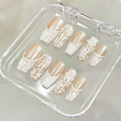 Rich Wife Nail, Custom Monogram Bridal Press on Nails, 3D Floral Lace Wedding Nails, Pearl White Glazed French Luxury Reusable Nails - BR260501