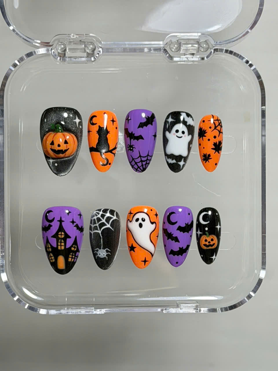 Rich Wife Nails, Halloween Ghost Press On Nails, 3D Pumpkin Cat Spooky Set, Orange Purple Black Gel Almond Nails, Reusable Custom Size Set - CT260905