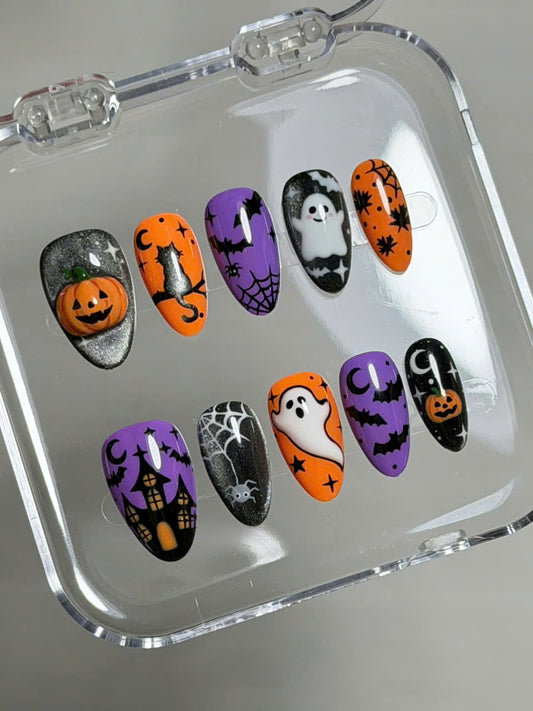 Rich Wife Nails, Halloween Ghost Press On Nails, 3D Pumpkin Cat Spooky Set, Orange Purple Black Gel Almond Nails, Reusable Custom Size Set - CT260905