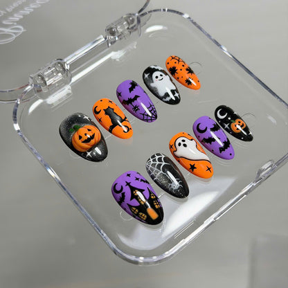 Rich Wife Nails, Halloween Ghost Press On Nails, 3D Pumpkin Cat Spooky Set, Orange Purple Black Gel Almond Nails, Reusable Custom Size Set - CT260905