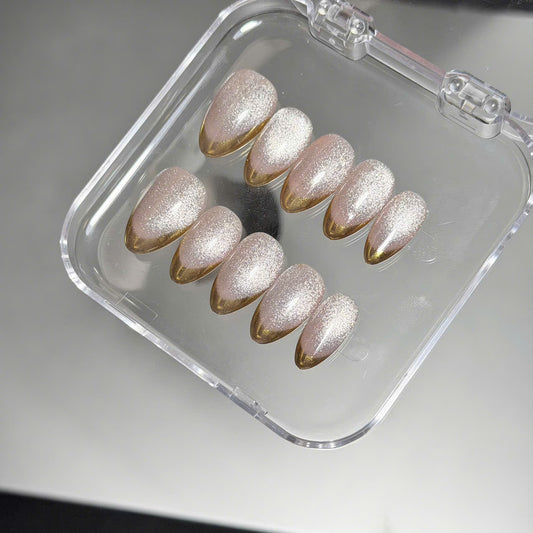 Gold Chrome French Tip Press On Nails - Champagne Velvet Cat Eye -  Golden Hour Wedding Guest - Custom Size Set - PN251114